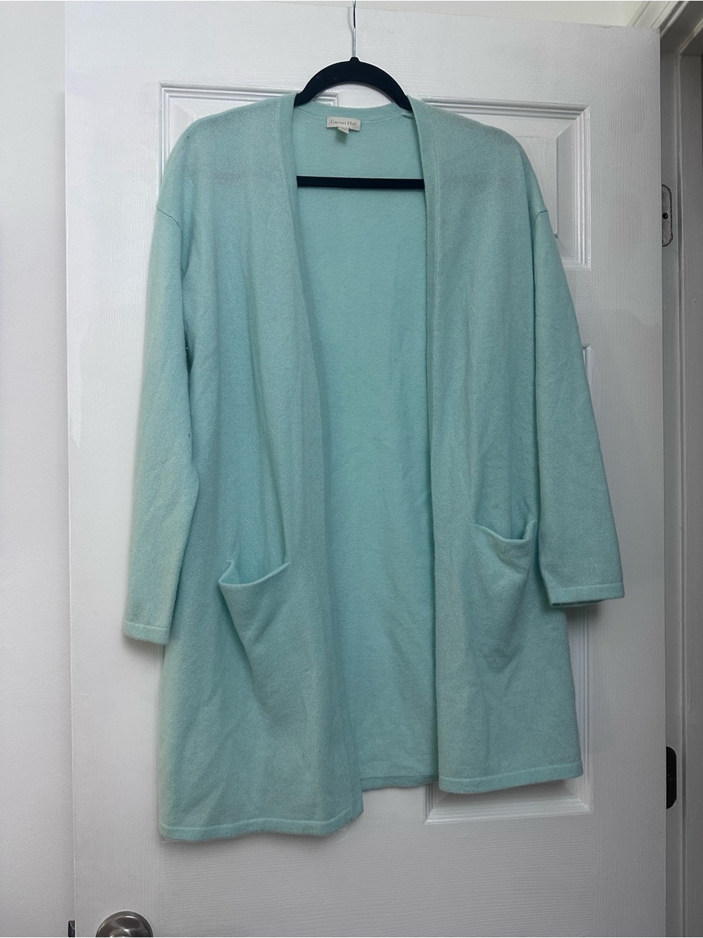Garnet Hill 100% Cashmere Pocket Cardigan Aqua Size Small Seafoam - Picture 3 of 8